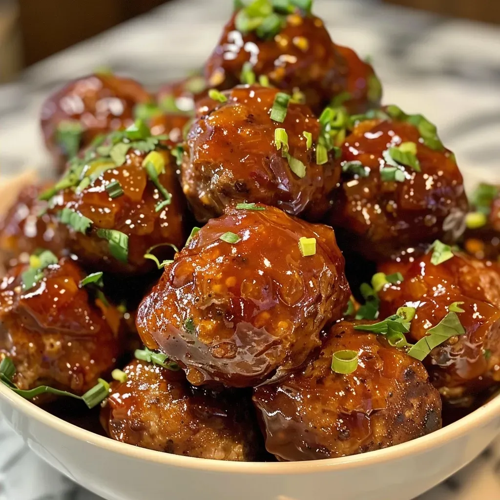 ['Close-up view of juicy Peach Bourbon Meatballs coated in a glossy barbecue sauce.', 'Side view of succulent meatballs featuring a shiny peach glaze, garnished with herbs.', 'A detailed look at vibrant Peach Bourbon Meatballs served in a bowl, highlighting their juicy texture.', 'Close-up of meatballs in a rich barbecue sauce infused with peach, showcasing their appetizing appearance.']