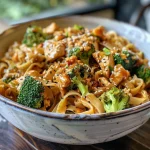 ['A close-up side view of a vibrant Peanut Butter Noodle Bowl filled with noodles, broccoli, and sauce.', 'A fresh Peanut Butter Noodle Bowl featuring tagliatelle, ground chicken, and colorful veggies garnished with peanut sauce.', 'Side view of a hearty bowl of Peanut Butter Noodles topped with broccoli florets, ground chicken, and a glossy sauce.', 'A deliciously arranged Peanut Butter Noodle Bowl showcasing creamy peanut sauce, noodles, and vegetables in a close-up shot.']