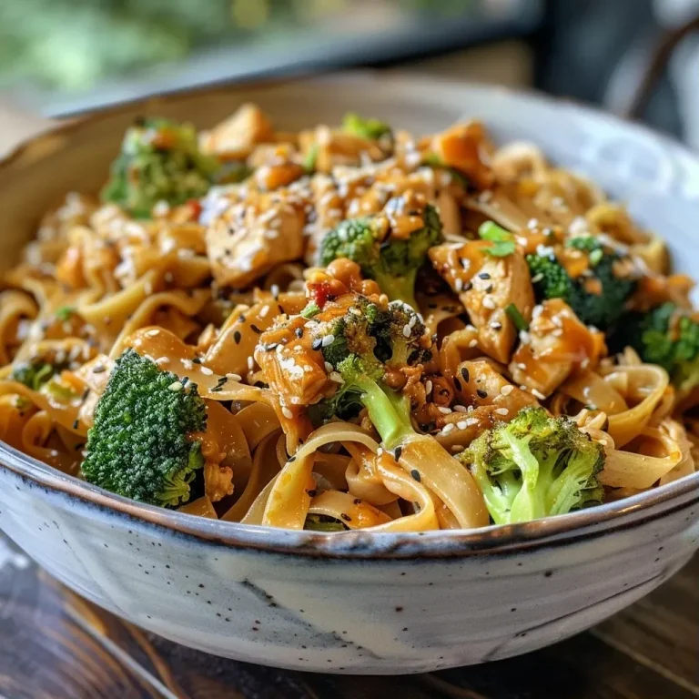 ['A close-up side view of a vibrant Peanut Butter Noodle Bowl filled with noodles, broccoli, and sauce.', 'A fresh Peanut Butter Noodle Bowl featuring tagliatelle, ground chicken, and colorful veggies garnished with peanut sauce.', 'Side view of a hearty bowl of Peanut Butter Noodles topped with broccoli florets, ground chicken, and a glossy sauce.', 'A deliciously arranged Peanut Butter Noodle Bowl showcasing creamy peanut sauce, noodles, and vegetables in a close-up shot.']