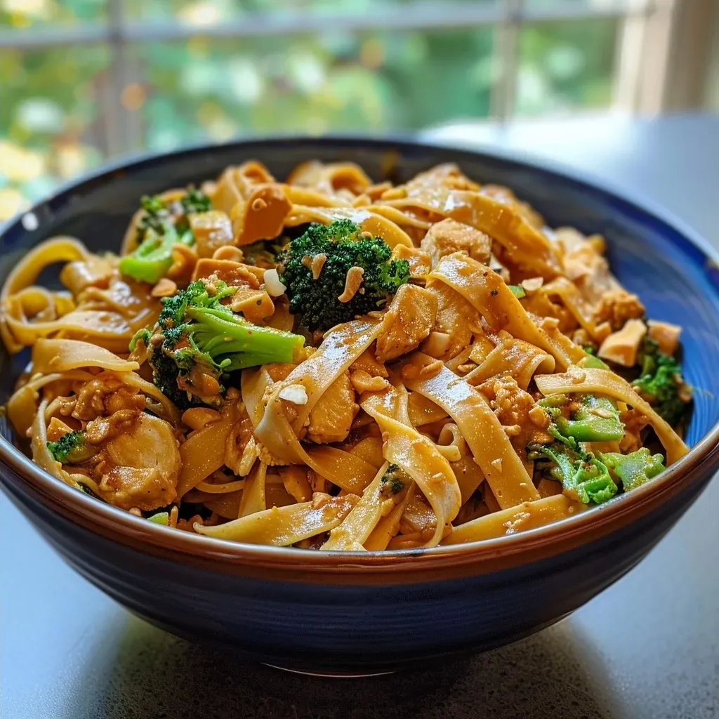 A close-up side view of a vibrant Peanut Butter Noodle Bowl filled with noodles, broccoli, and sauce.