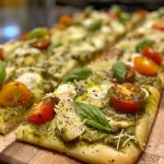 ['Close-up view of a Pesto Chicken Flatbread topped with cherry tomatoes and cheese.', 'Side angle of a delicious Pesto Chicken Flatbread garnished with fresh basil leaves.', 'Juicy Pesto Chicken Flatbread featuring melted mozzarella and diced cherry tomatoes.', 'Appetizing Pesto Chicken Flatbread with vibrant colors and savory toppings.']