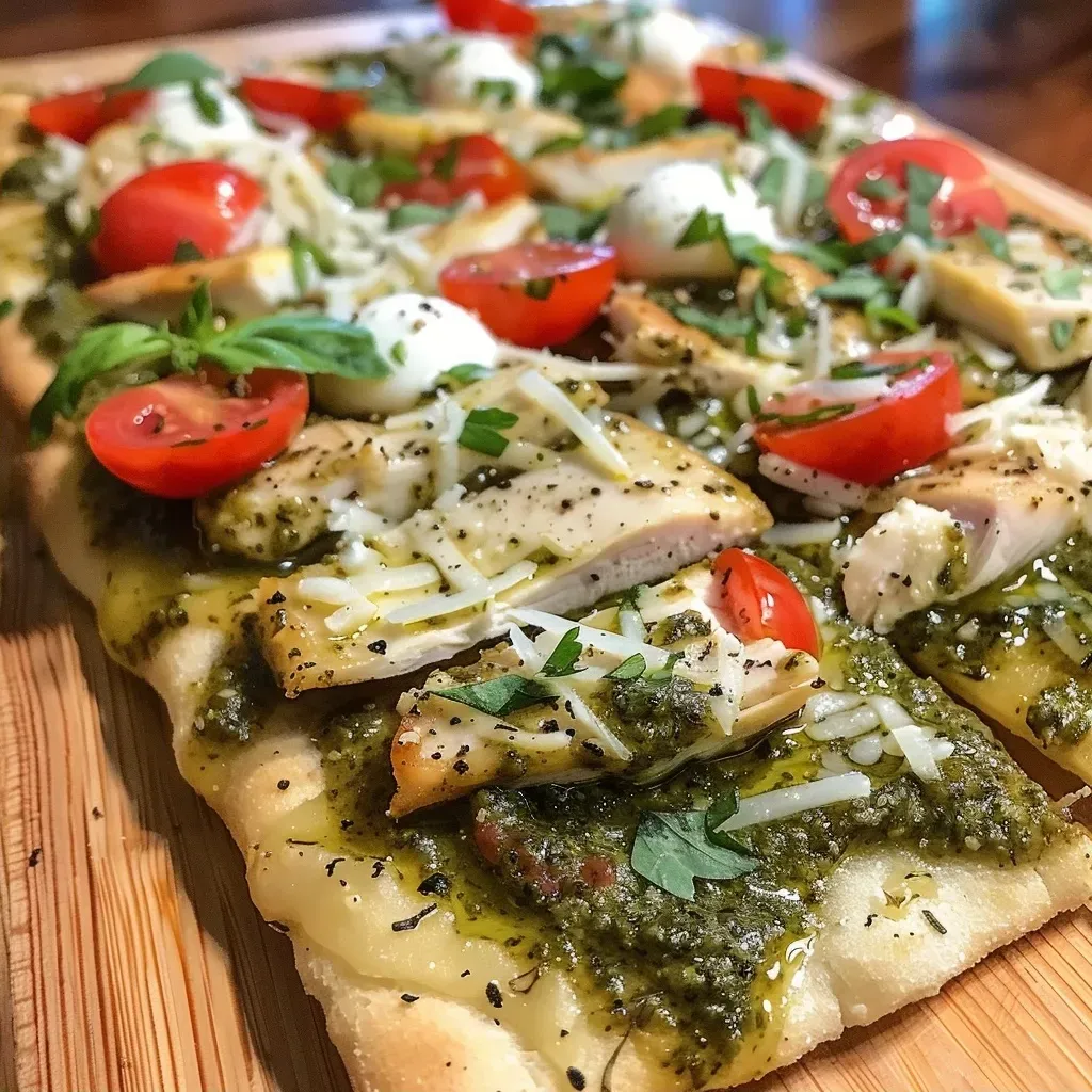 ['Close-up view of a Pesto Chicken Flatbread topped with cherry tomatoes and cheese.', 'Side angle of a delicious Pesto Chicken Flatbread garnished with fresh basil leaves.', 'Juicy Pesto Chicken Flatbread featuring melted mozzarella and diced cherry tomatoes.', 'Appetizing Pesto Chicken Flatbread with vibrant colors and savory toppings.']