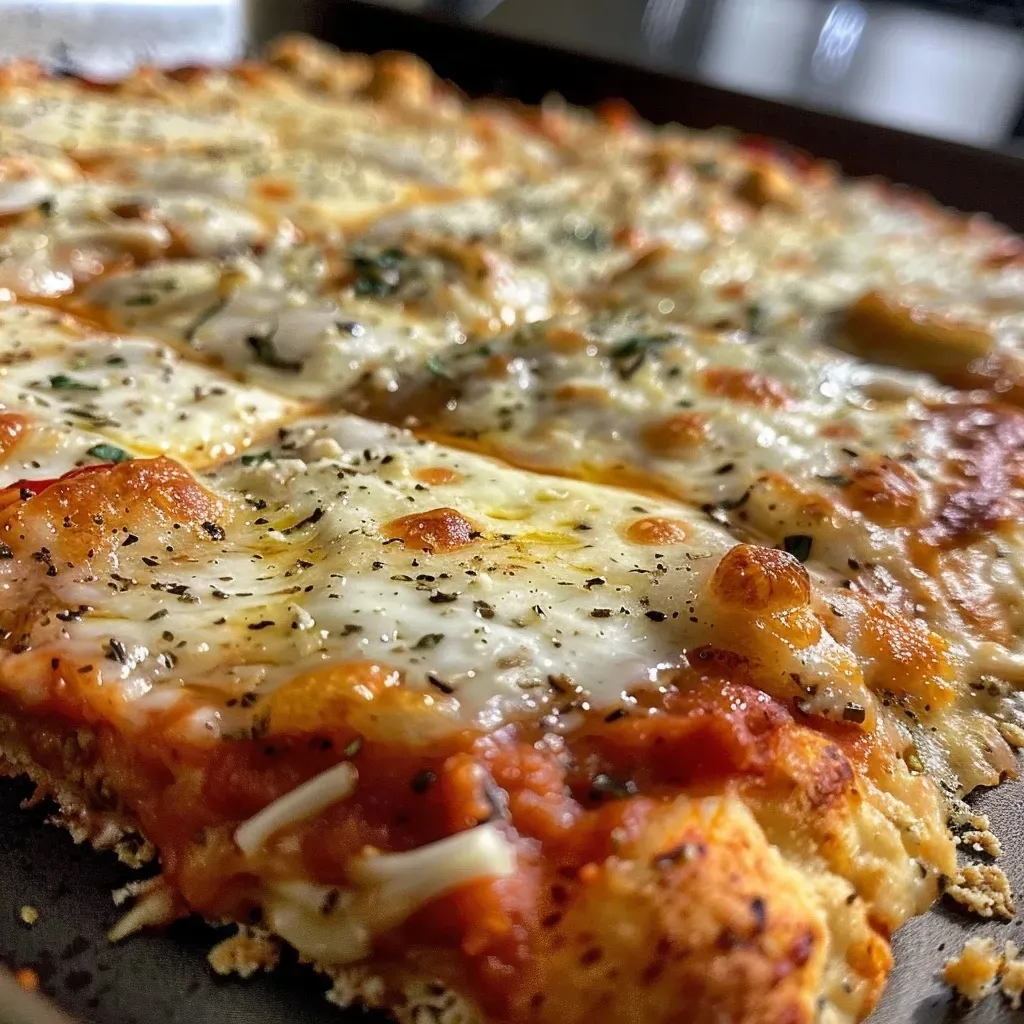 ['Close-up view of a juicy chicken crust pizza topped with melted cheese and colorful toppings.', 'Side view of a savory protein chicken crust pizza showcasing its crispy edges and loaded toppings.', 'Detailed image of a protein chicken crust pizza highlighting the texture of the crust and cheese.', 'Close-up of a delicious chicken crust pizza with a variety of fresh toppings and gooey mozzarella.']