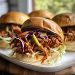 ['Delicious pulled chicken apple sliders stacked on a plate.', 'Close-up view of juicy pulled chicken apple sliders garnished with fresh ingredients.', 'A side view of sliders filled with shredded chicken, apples, and toppings.', 'Juicy pulled chicken apple sliders served on a rustic wooden table.']