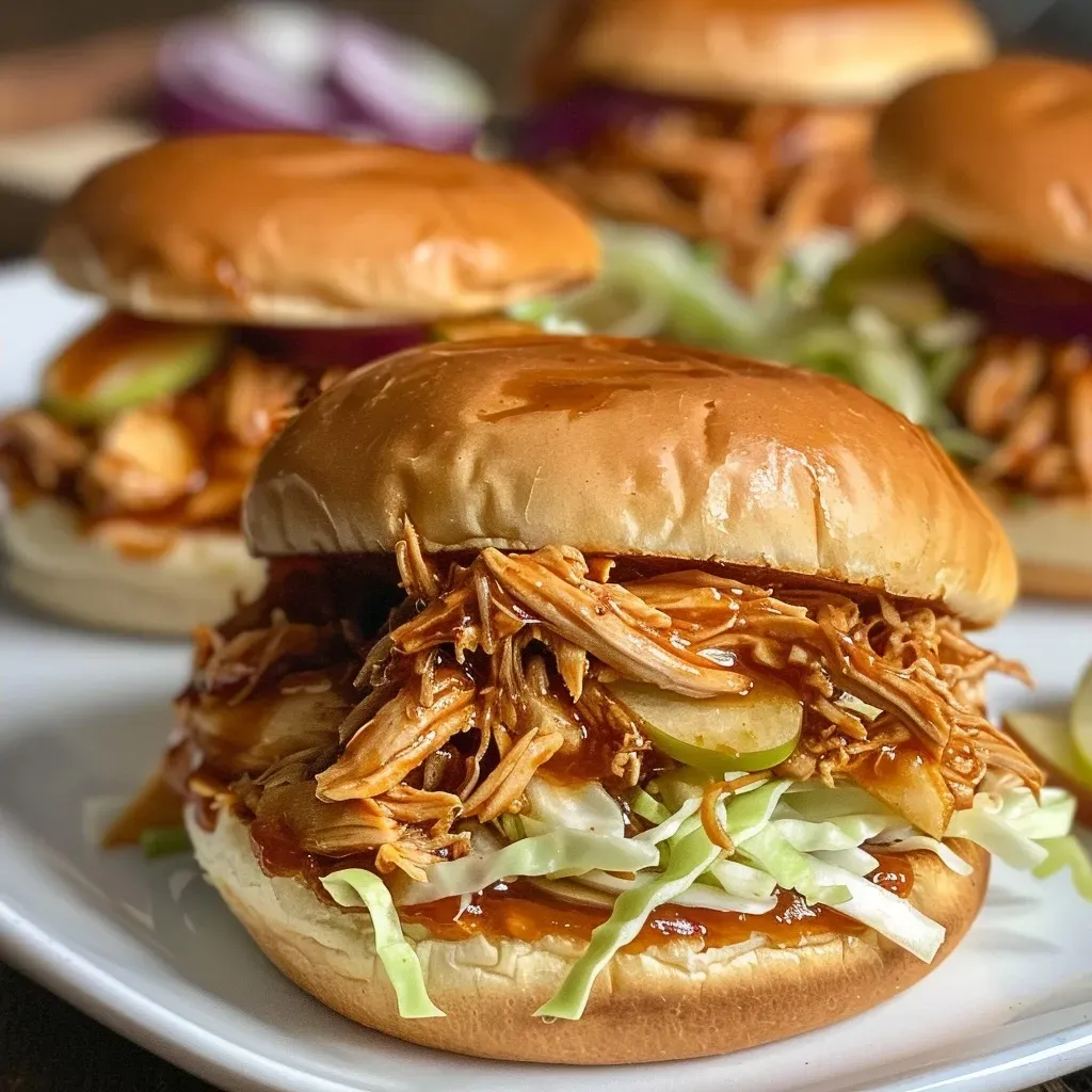 ['Delicious pulled chicken apple sliders stacked on a plate.', 'Close-up view of juicy pulled chicken apple sliders garnished with fresh ingredients.', 'A side view of sliders filled with shredded chicken, apples, and toppings.', 'Juicy pulled chicken apple sliders served on a rustic wooden table.']