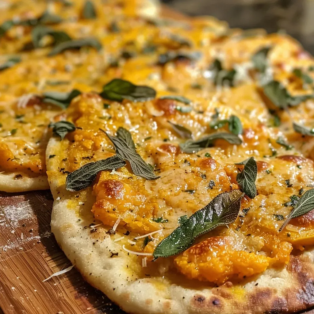 ['Close-up of a golden brown pumpkin and fried sage flatbread with crispy edges and melted cheese.', 'Side view of a freshly baked flatbread topped with pumpkin, fried sage leaves, and Parmesan cheese.', 'Appetizing flatbread featuring pumpkin and sage, garnished with a drizzle of honey and fresh herbs.', 'Deliciously arranged flatbread showcasing roasted pumpkin and crunchy sage leaves on a wooden surface.']