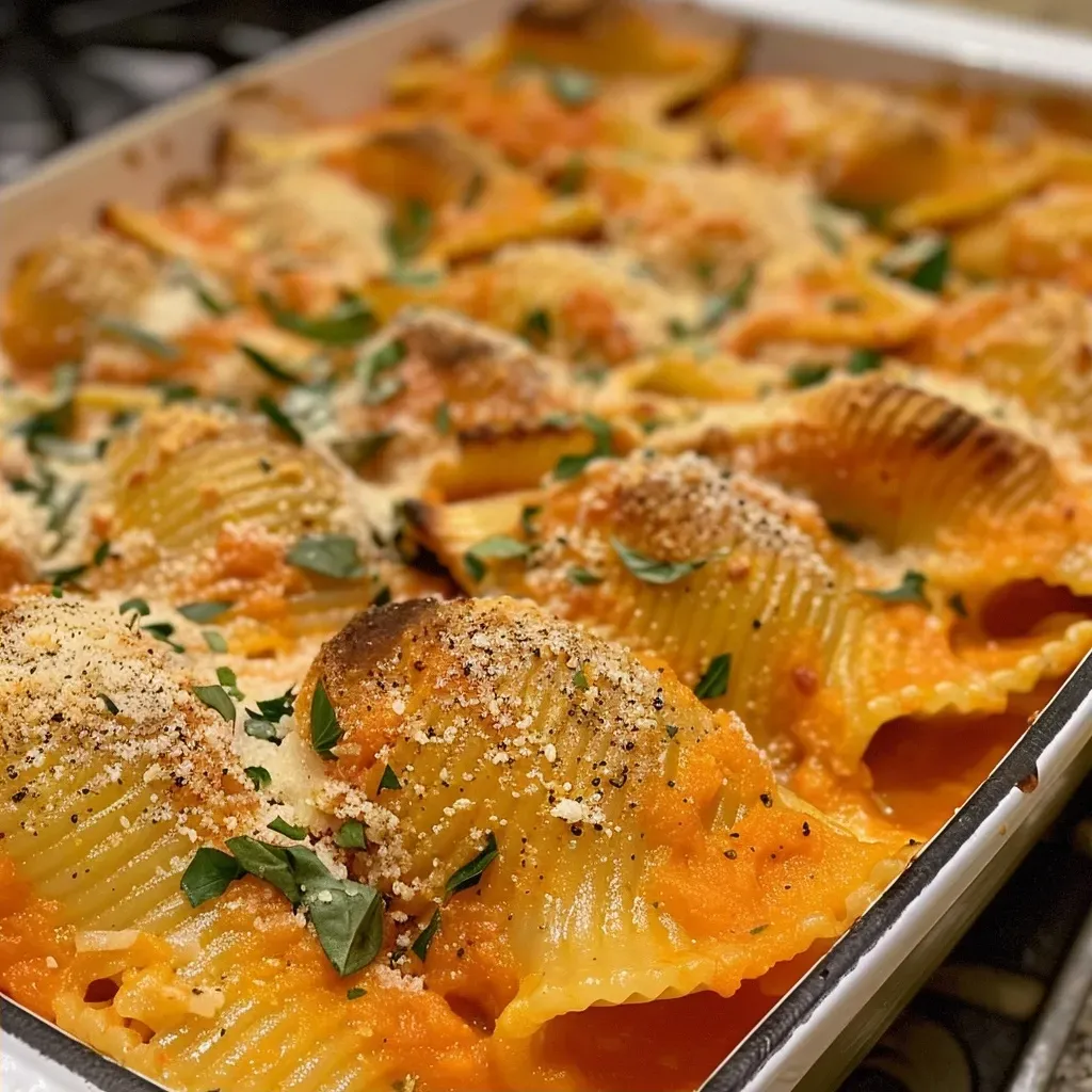['Close-up view of Pumpkin and Sage Stuffed Shells, showcasing the creamy filling and pasta texture.', 'Side view of deliciously plated Pumpkin and Sage Stuffed Shells, highlighting the savory ingredients.', 'Juicy Pumpkin and Sage Stuffed Shells on a plate, emphasizing the vibrant colors and rich filling.', 'Detailed shot of Pumpkin and Sage Stuffed Shells, with a focus on the melted cheese and herbs on top.']
