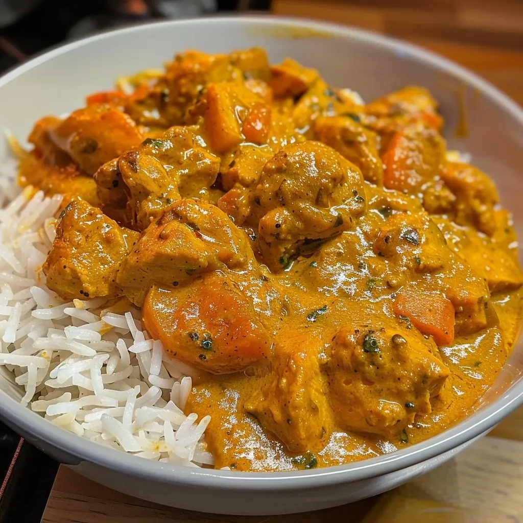 ['Close-up view of Pumpkin Butter Chicken Curry in a bowl, showcasing tender chicken and vibrant orange sauce.', 'Side angle of a delectable serving of Murgh Makhani with pumpkin and spices, garnished with fresh herbs.', 'Juicy pieces of chicken in a creamy pumpkin curry, presented in a stylish dish, highlighting texture and color.', 'Appetizing Pumpkin Butter Chicken Curry in a white bowl, featuring a rich sauce and garnished with cilantro.']