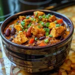 ['Close-up view of Pumpkin Chicken Chili in a bowl with vibrant ingredients.', 'Side angle shot of a steaming bowl of Pumpkin Chicken Chili garnished with green onions.', 'Delicious Pumpkin Chicken Chili displayed in a rustic bowl, emphasizing its rich color.', 'Tasty Pumpkin Chicken Chili featuring chopped peppers and avocado on top.']