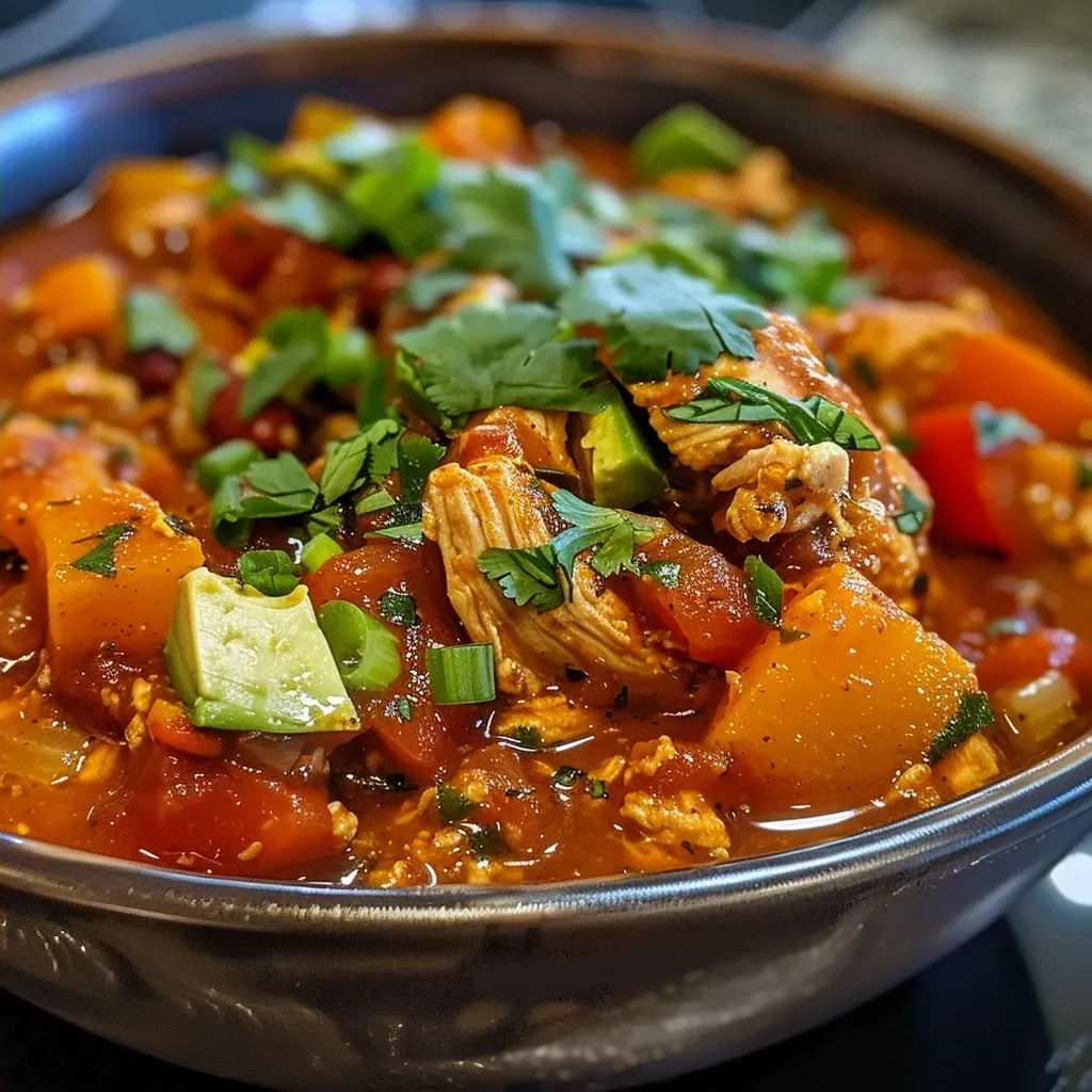 ['Close-up view of Pumpkin Chicken Chili in a bowl with vibrant ingredients.', 'Side angle shot of a steaming bowl of Pumpkin Chicken Chili garnished with green onions.', 'Delicious Pumpkin Chicken Chili displayed in a rustic bowl, emphasizing its rich color.', 'Tasty Pumpkin Chicken Chili featuring chopped peppers and avocado on top.']