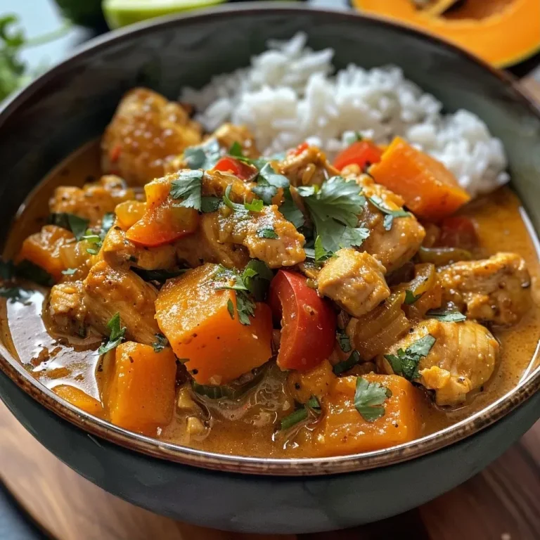 ['Close-up view of a bowl of Pumpkin Chicken Curry, showcasing vibrant colors and textures.', 'Side angle of a hearty Pumpkin Chicken Curry dish with visible chunks of chicken and pumpkin.', 'Detailed shot of Pumpkin Chicken Curry served in a bowl, garnished with fresh cilantro and red pepper flakes.', 'Juicy Pumpkin Chicken Curry in a rustic bowl, highlighting its creamy coconut milk sauce and spices.']