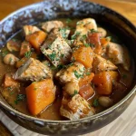 ['Close-up view of a bowl of pumpkin chicken stew, showcasing thick chunks of chicken and vibrant orange pumpkin puree.', 'Side view of a hearty pumpkin chicken stew with visible chickpeas, carrots, and spices, captured with an iPhone.', 'Delicious pumpkin chicken stew in a bowl, featuring baby carrots and diced tomatoes against a creamy backdrop.', 'Warm pumpkin chicken stew displayed in a bowl, highlighting ingredients like chicken and vibrant pumpkin.']