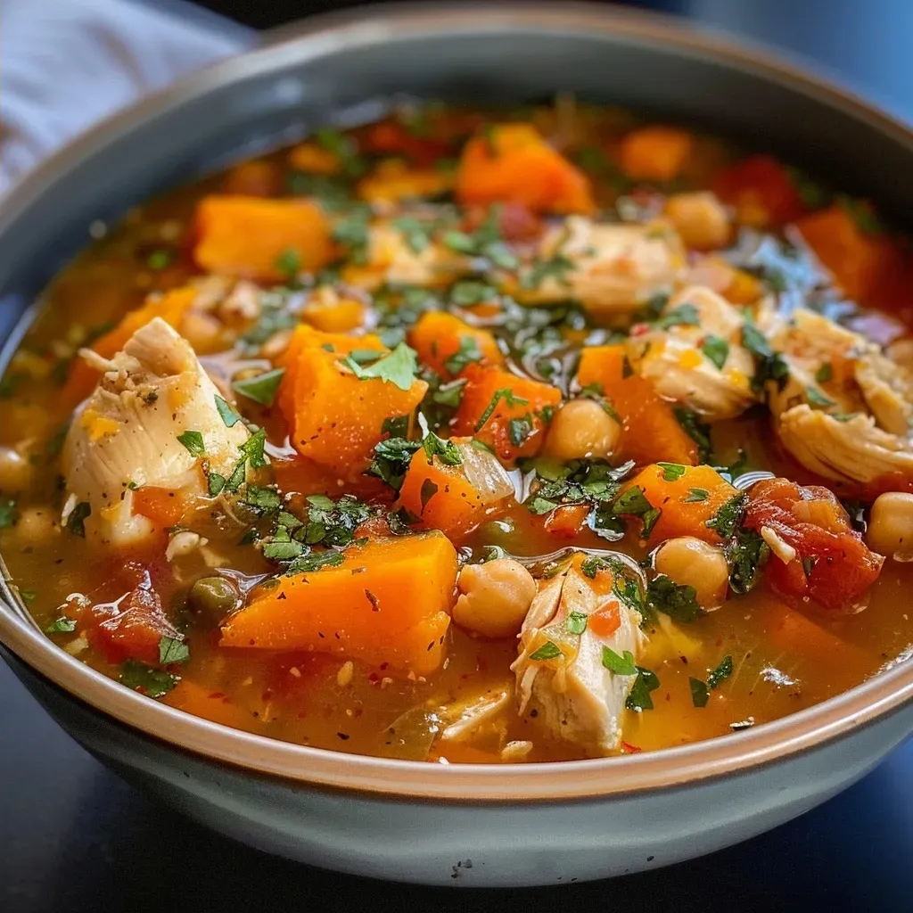 ['Close-up view of a bowl of pumpkin chicken stew, showcasing thick chunks of chicken and vibrant orange pumpkin puree.', 'Side view of a hearty pumpkin chicken stew with visible chickpeas, carrots, and spices, captured with an iPhone.', 'Delicious pumpkin chicken stew in a bowl, featuring baby carrots and diced tomatoes against a creamy backdrop.', 'Warm pumpkin chicken stew displayed in a bowl, highlighting ingredients like chicken and vibrant pumpkin.']