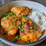 ['Close-up of Pumpkin Coconut Chicken dish garnished with herbs.', 'Juicy Pumpkin Coconut Chicken served in a vibrant bowl with spices.', 'Side view of a plate featuring Pumpkin Coconut Chicken with peas.', 'Colorful serving of Pumpkin Coconut Chicken with coconut milk sauce.']