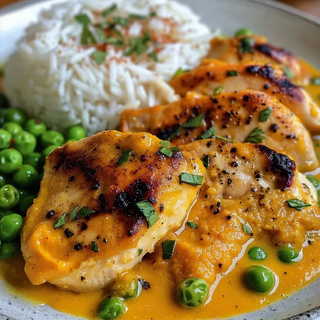 ['Close-up of Pumpkin Coconut Chicken dish garnished with herbs.', 'Juicy Pumpkin Coconut Chicken served in a vibrant bowl with spices.', 'Side view of a plate featuring Pumpkin Coconut Chicken with peas.', 'Colorful serving of Pumpkin Coconut Chicken with coconut milk sauce.']