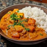 ['A close-up view of a vibrant bowl of pumpkin curry, showcasing its rich colors and textures.', 'Side perspective of creamy pumpkin curry garnished with fresh herbs, emphasizing its hearty ingredients.', 'Delicious pumpkin curry in a bowl, highlighting chunks of vegetables and a smooth sauce.', 'Close-up image of pumpkin curry, featuring a mix of spices and fresh greens on top.']