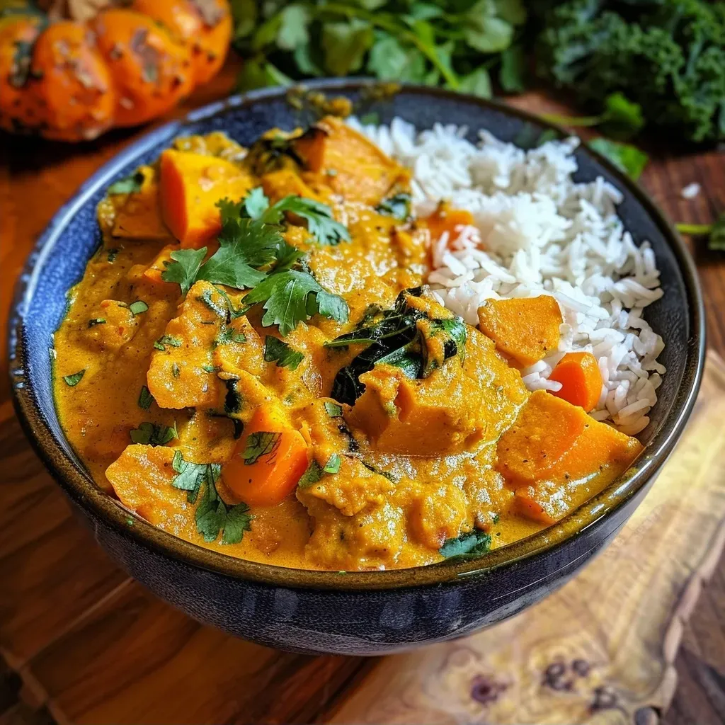 ['A close-up view of a vibrant bowl of pumpkin curry, showcasing its rich colors and textures.', 'Side perspective of creamy pumpkin curry garnished with fresh herbs, emphasizing its hearty ingredients.', 'Delicious pumpkin curry in a bowl, highlighting chunks of vegetables and a smooth sauce.', 'Close-up image of pumpkin curry, featuring a mix of spices and fresh greens on top.']