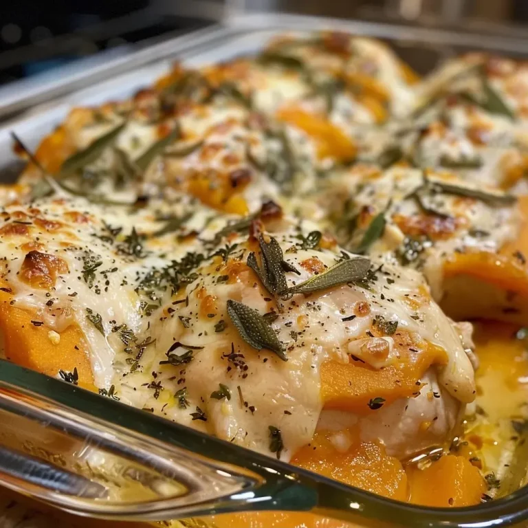 ['Close-up view of a juicy Pumpkin Sage Chicken Bake topped with melted cheese.', 'Side view of Pumpkin Sage Chicken Bake showing golden-brown chicken and vibrant pumpkin puree.', 'Detailed shot of a Pumpkin Sage Chicken Bake with herbs and cheese bubbling on top.', 'A succulent Pumpkin Sage Chicken Bake, showcasing chicken breasts smothered in pumpkin sauce.']