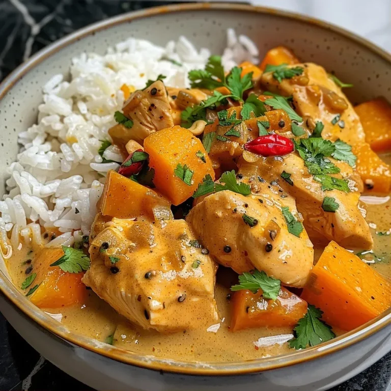 ['A close-up view of a bowl filled with creamy Pumpkin Thai Chicken Curry garnished with cilantro.', 'Side angle of a delicious Pumpkin Thai Chicken Curry with chunks of pumpkin and chicken visible.', 'A vibrant bowl displaying Pumpkin Thai Chicken Curry with a thick sauce and fresh herbs.', 'Close-up of a serving of Pumpkin Thai Chicken Curry showcasing its rich texture and colorful ingredients.']