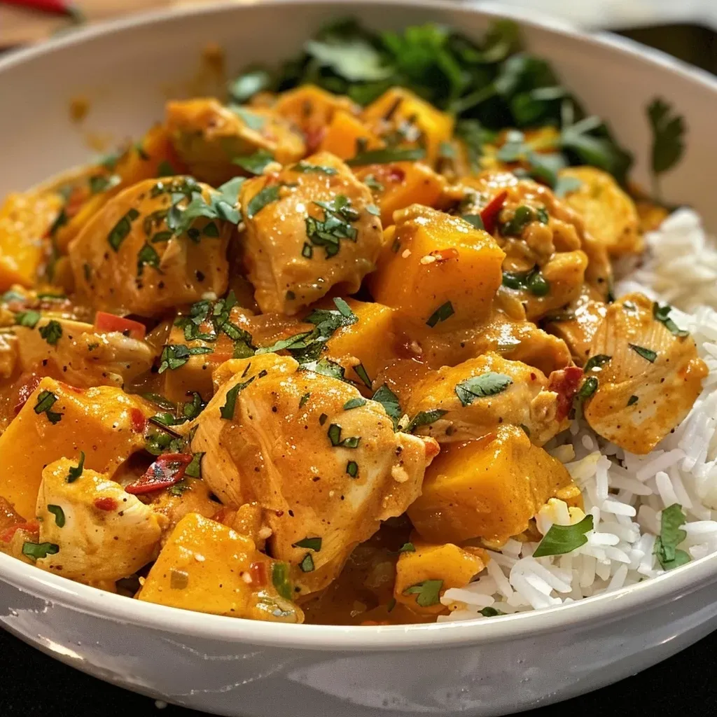 ['A close-up view of a bowl filled with creamy Pumpkin Thai Chicken Curry garnished with cilantro.', 'Side angle of a delicious Pumpkin Thai Chicken Curry with chunks of pumpkin and chicken visible.', 'A vibrant bowl displaying Pumpkin Thai Chicken Curry with a thick sauce and fresh herbs.', 'Close-up of a serving of Pumpkin Thai Chicken Curry showcasing its rich texture and colorful ingredients.']