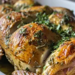 ['Close-up view of a roast spatchcock chicken garnished with herbs.', 'Juicy roast spatchcock chicken with golden skin and herbs on a platter.', 'Side view of a perfectly roasted spatchcock chicken, showcasing its crispy texture.', 'Whole roasted spatchcock chicken on a cutting board with herb garnish.']
