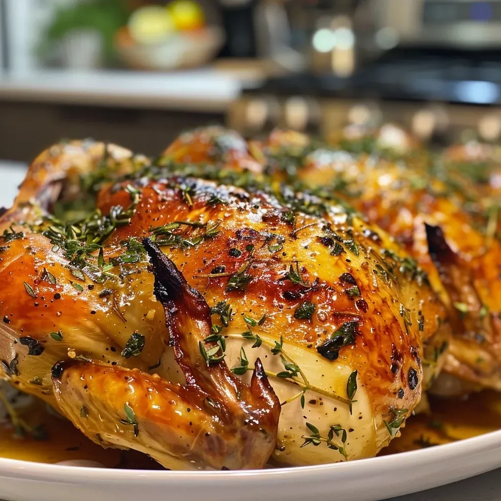 ['Close-up view of a roast spatchcock chicken garnished with herbs.', 'Juicy roast spatchcock chicken with golden skin and herbs on a platter.', 'Side view of a perfectly roasted spatchcock chicken, showcasing its crispy texture.', 'Whole roasted spatchcock chicken on a cutting board with herb garnish.']
