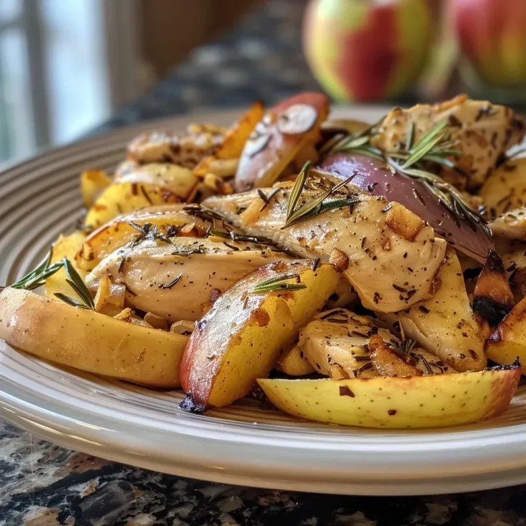 ['Close-up view of rosemary chicken strips with apple slices and onions.', 'Juicy chicken breast strips garnished with rosemary and served with sliced apples.', 'Side view of a plate featuring rosemary chicken and thinly sliced apples.', 'Freshly cooked rosemary chicken with pieces of apple and onion, in a close-up shot.']