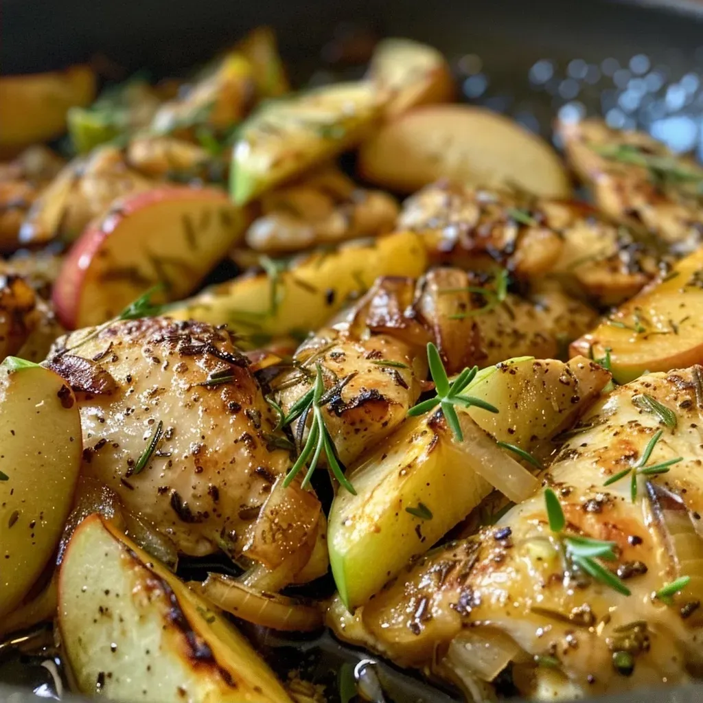 ['Close-up view of rosemary chicken strips with apple slices and onions.', 'Juicy chicken breast strips garnished with rosemary and served with sliced apples.', 'Side view of a plate featuring rosemary chicken and thinly sliced apples.', 'Freshly cooked rosemary chicken with pieces of apple and onion, in a close-up shot.']