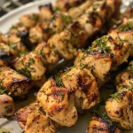['Close-up view of juicy rosemary garlic chicken kabobs on skewers.', 'Side view of grilled chicken kabobs garnished with rosemary and garlic.', 'Delicious chicken kabobs with a golden-brown crust, presented on a plate.', 'Succulent pieces of chicken on skewers, seasoned with rosemary and garlic.']