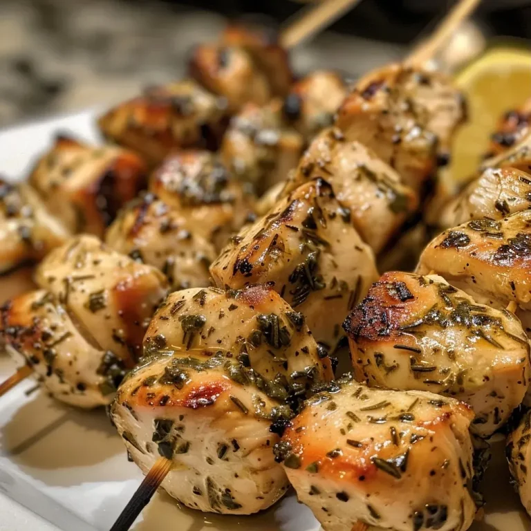 ['Close-up of juicy rosemary ranch chicken kabobs on skewers with herbs.', 'Side view of grilled chicken kabobs with a golden-brown glaze and herbs.', 'Appetizing shot of rosemary ranch chicken kabobs ready to serve.', 'Juicy chicken pieces on skewers garnished with fresh rosemary.']