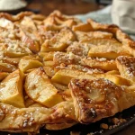 ['Rustic Honeycrisp apple galette with a golden, flaky crust and sliced apples.', 'Close-up view of a homemade Honeycrisp apple galette, showcasing juicy apples and a textured crust.', 'Side view of a delicious rustic apple galette, highlighting the vibrant apple slices and caramelized edges.', 'Juicy slices of Honeycrisp apples arranged in a rustic galette, with a warm golden-brown crust.']