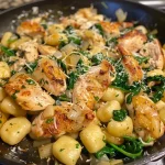['A close-up view of a savory garlic chicken and gnocchi dish in a skillet.', 'Juicy chicken thighs and potato gnocchi cooked with garlic and spinach in a skillet.', 'A skillet filled with creamy garlic chicken and gnocchi, garnished with fresh thyme.', 'Close-up of a delicious savory garlic chicken and gnocchi meal served in a frying pan.']