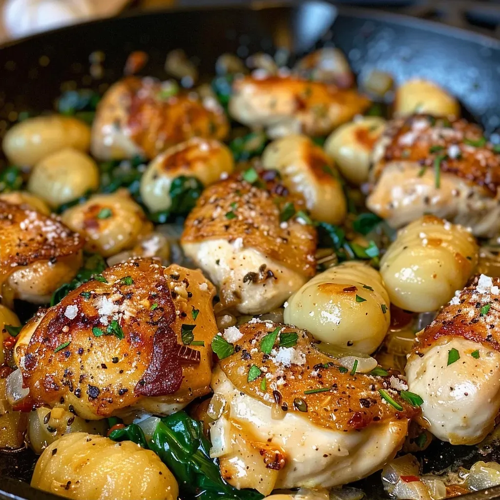 A close-up view of a savory garlic chicken and gnocchi dish in a skillet.