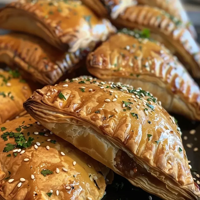 ['Close-up view of a golden-brown savory hand pie filled with turkey and cheese.', 'Side view of a flaky pastry hand pie, showcasing a mixture of turkey, cranberry sauce, and herbs.', 'Juicy handmade hand pie with a flaky crust, featuring fillings of chicken, Boursin cheese, and parsley.', 'Detailed image of a savory hand pie, garnished with sesame seeds, revealing a savory turkey filling.']