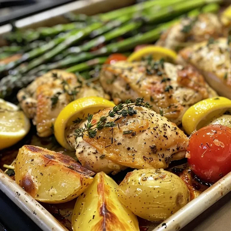 ['Juicy sheet pan chicken with colorful vegetables including golden potatoes and asparagus.', 'Close-up of baked chicken breasts alongside vibrant asparagus and halved tomatoes on a sheet pan.', 'A delicious arrangement of roasted chicken, potatoes, and vibrant veggies garnished with lemon slices.', 'Side view of a sheet pan filled with succulent chicken and fresh vegetables, showcasing a healthy meal.']