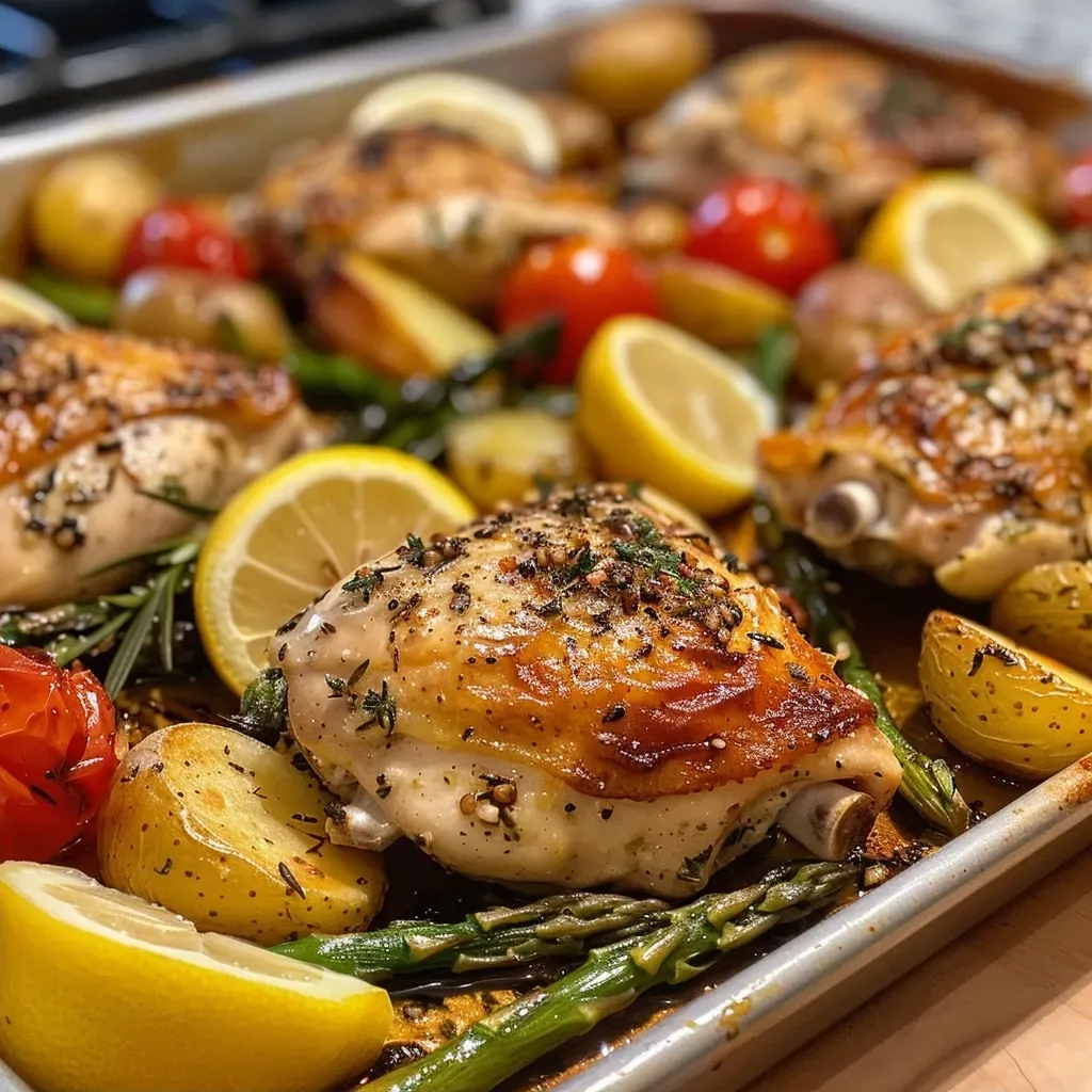 ['Juicy sheet pan chicken with colorful vegetables including golden potatoes and asparagus.', 'Close-up of baked chicken breasts alongside vibrant asparagus and halved tomatoes on a sheet pan.', 'A delicious arrangement of roasted chicken, potatoes, and vibrant veggies garnished with lemon slices.', 'Side view of a sheet pan filled with succulent chicken and fresh vegetables, showcasing a healthy meal.']