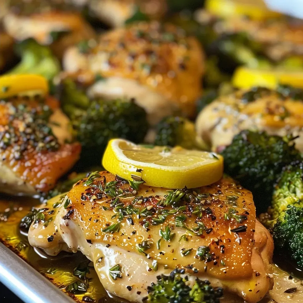 ['Close-up of juicy lemon-garlic chicken thighs with broccoli on a sheet pan.', 'A vibrant dish featuring roasted chicken and broccoli, garnished with lemon wedges.', 'Succulent chicken thighs seasoned with garlic and lemon, surrounded by broccoli florets.', 'A side view of sheet-pan chicken and broccoli, showcasing appetizing golden-brown chicken.']