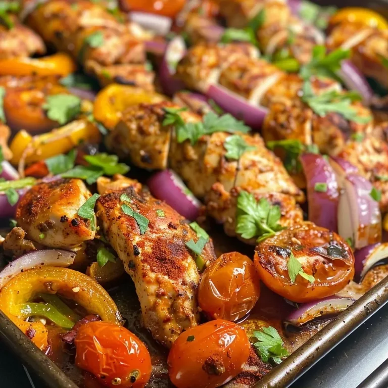 ['Close-up view of Sheet Pan Shawarma Spiced Chicken and colorful vegetables, glistening with spices.', 'Juicy chicken pieces seasoned with shawarma spices, surrounded by sliced onions and bell peppers.', 'A vibrant assortment of shawarma spiced chicken and roasted vegetables on a sheet pan.', 'Side view of a golden-brown chicken dish with bright cherry tomatoes and fresh parsley.']