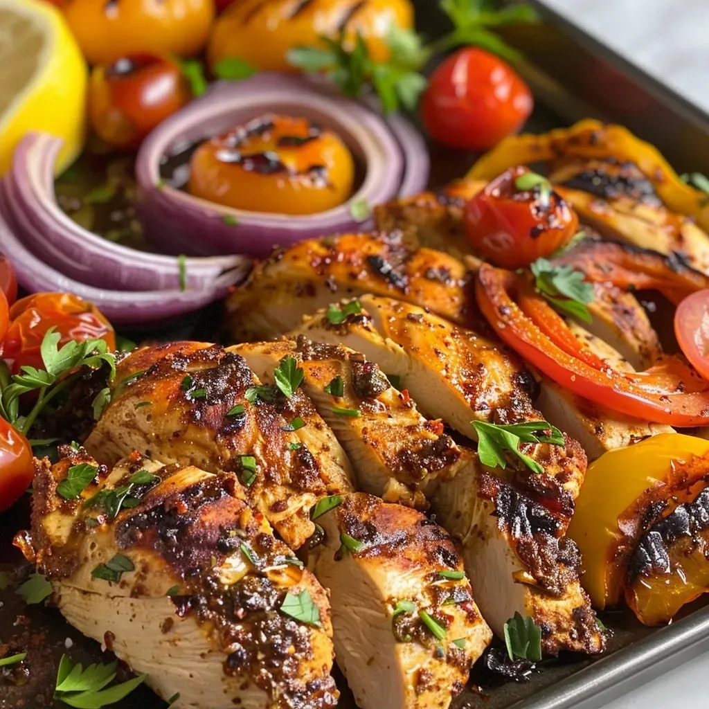 ['Close-up view of Sheet Pan Shawarma Spiced Chicken and colorful vegetables, glistening with spices.', 'Juicy chicken pieces seasoned with shawarma spices, surrounded by sliced onions and bell peppers.', 'A vibrant assortment of shawarma spiced chicken and roasted vegetables on a sheet pan.', 'Side view of a golden-brown chicken dish with bright cherry tomatoes and fresh parsley.']