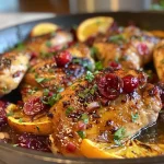 ['Close-up of Skillet Orange Cranberry Chicken with a golden-brown crust.', 'Juicy chicken breasts glazed with orange and cranberry sauce served in a skillet.', 'Side view of a delicious orange cranberry chicken dish with vibrant colors.', 'Skillet full of cooked chicken garnished with fresh parsley and colorful sauce.']