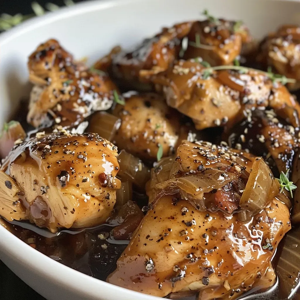 ['A close-up view of juicy Slow Cooker Balsamic Chicken garnished with herbs.', 'Side view of Slow Cooker Balsamic Chicken, showcasing tender chicken pieces and sauce.', 'Delicious Slow Cooker Balsamic Chicken with visible diced tomatoes and onions.', 'A plated serving of Slow Cooker Balsamic Chicken featuring rich balsamic glaze.']
