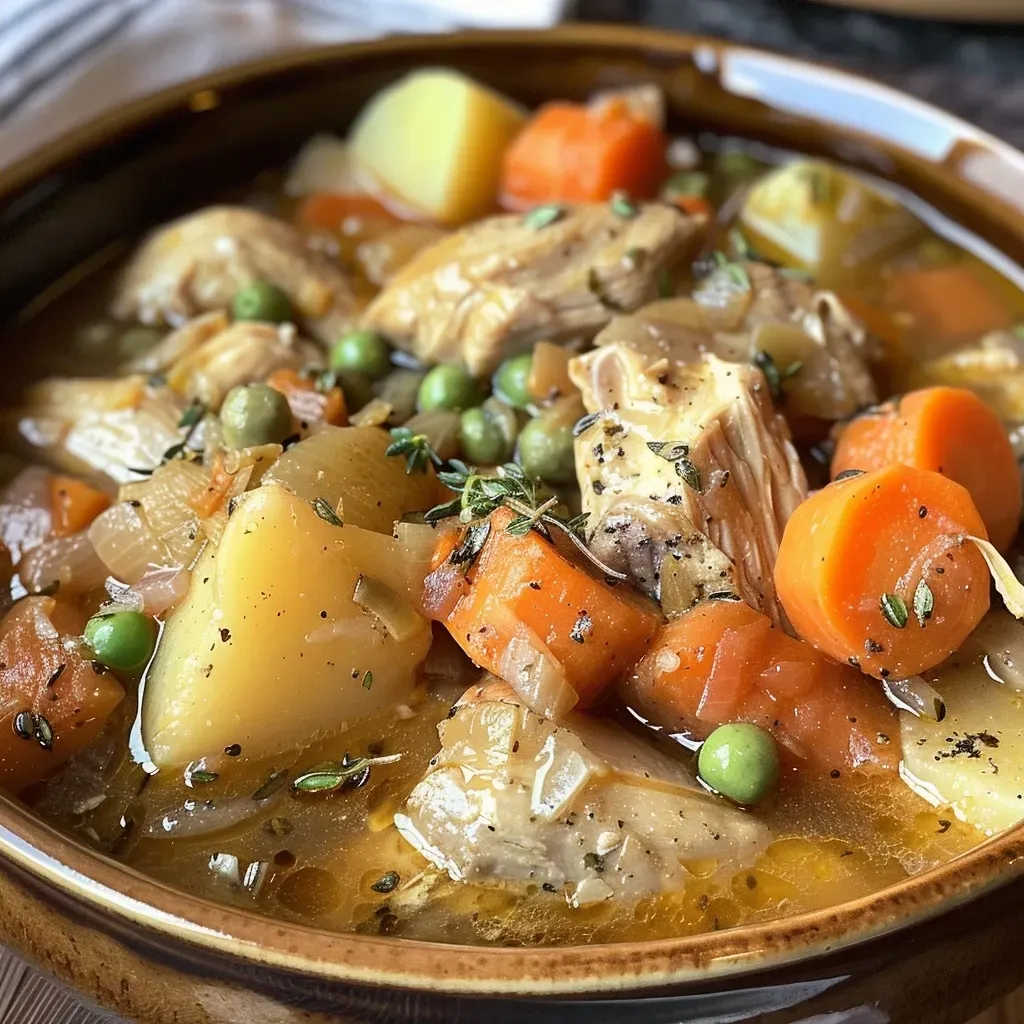 Close-up of a hearty chicken stew with vibrant vegetables and herbs.