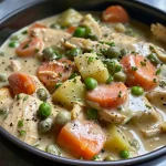 ['Close-up view of creamy chicken stew with colorful vegetables in a bowl.', 'Juicy pieces of chicken and diced vegetables in a rich creamy sauce.', 'A hearty slow cooker stew featuring chicken, potatoes, and green beans.', 'Side view of a delicious creamy chicken stew packed with vegetables.']