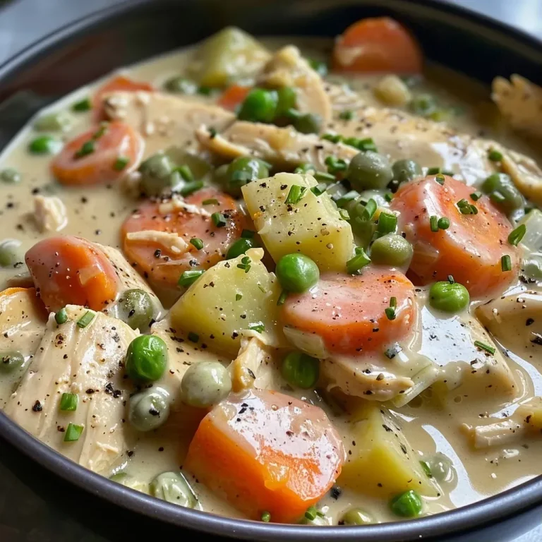 ['Close-up view of creamy chicken stew with colorful vegetables in a bowl.', 'Juicy pieces of chicken and diced vegetables in a rich creamy sauce.', 'A hearty slow cooker stew featuring chicken, potatoes, and green beans.', 'Side view of a delicious creamy chicken stew packed with vegetables.']