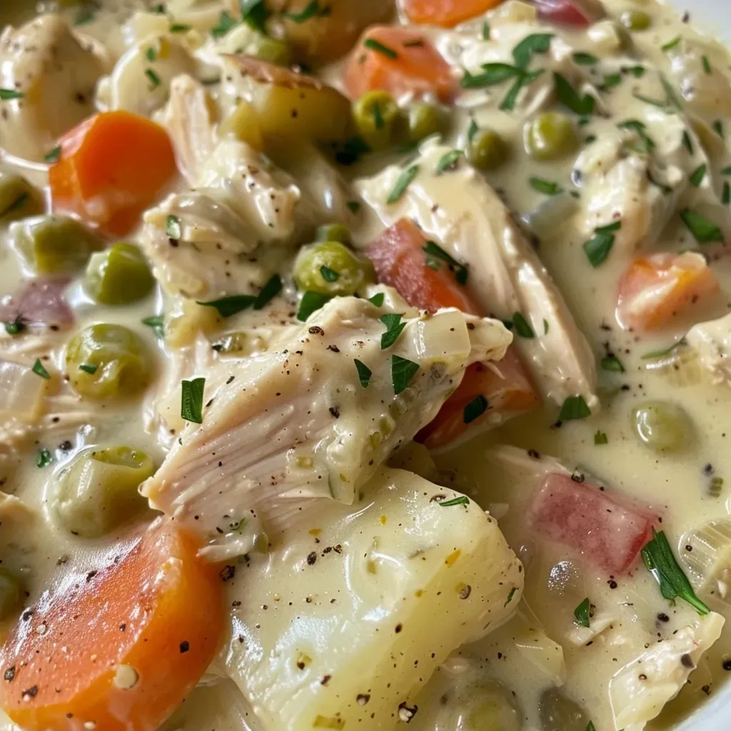 ['Close-up view of creamy chicken stew with colorful vegetables in a bowl.', 'Juicy pieces of chicken and diced vegetables in a rich creamy sauce.', 'A hearty slow cooker stew featuring chicken, potatoes, and green beans.', 'Side view of a delicious creamy chicken stew packed with vegetables.']