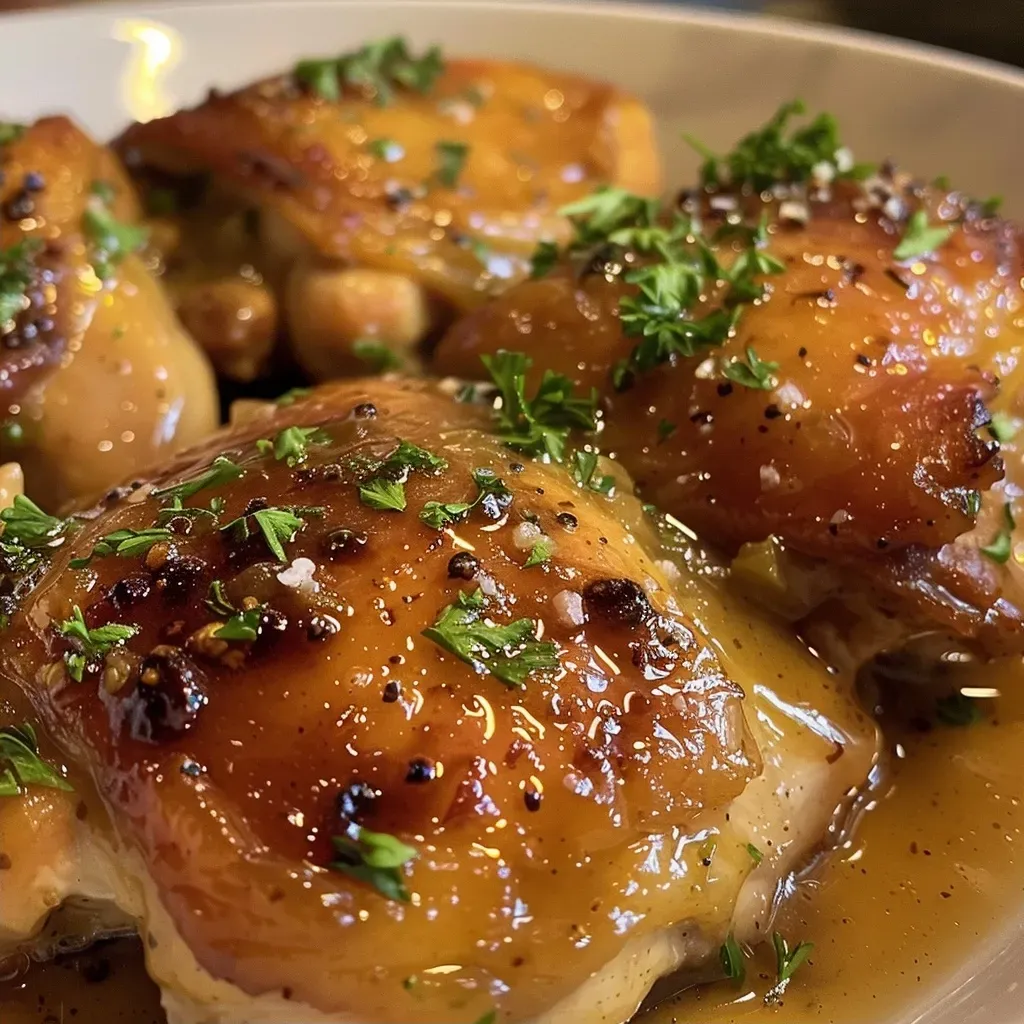 ['Close-up of juicy Slow Cooker Maple Dijon Chicken garnished with fresh parsley.', 'Side view of tender chicken breasts drizzled with maple syrup and Dijon mustard.', 'Glazed chicken dish with a vibrant sauce, showcasing a mix of herbs and spices.', 'Succulent Slow Cooker Maple Dijon Chicken on a plate, highlighted by a savory glaze.']