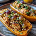 ['Side view of a delicious Sonoma Chicken Stuffed Butternut Squash filled with chicken and grapes.', 'Close-up of a perfectly cooked butternut squash stuffed with Sonoma chicken, walnuts, and garnished with parsley.', 'Juicy Sonoma chicken stuffed in a halved butternut squash, showcasing colorful ingredients like grapes and walnuts.', 'A vibrant side view of stuffed butternut squash with a savory filling of chicken and vegetables.']