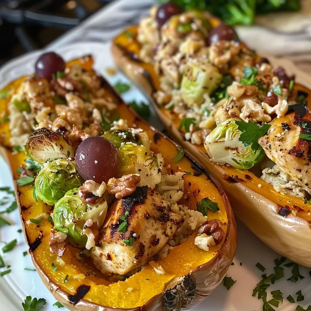 Side view of a delicious Sonoma Chicken Stuffed Butternut Squash filled with chicken and grapes.
