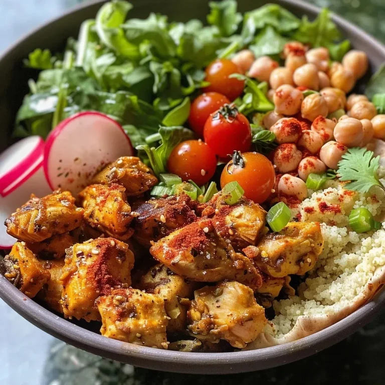 ['A close-up view of a Spicy Chicken Nourish Bowl featuring chicken, chickpeas, and fresh vegetables.', 'A vibrant nourish bowl filled with spicy chicken, couscous, and colorful salad ingredients.', 'Close-up of a delicious Spicy Chicken Nourish Bowl garnished with tomatoes, radishes, and greens.', 'A side view of a bowl loaded with spicy chicken, hummus, and fresh vegetables.']