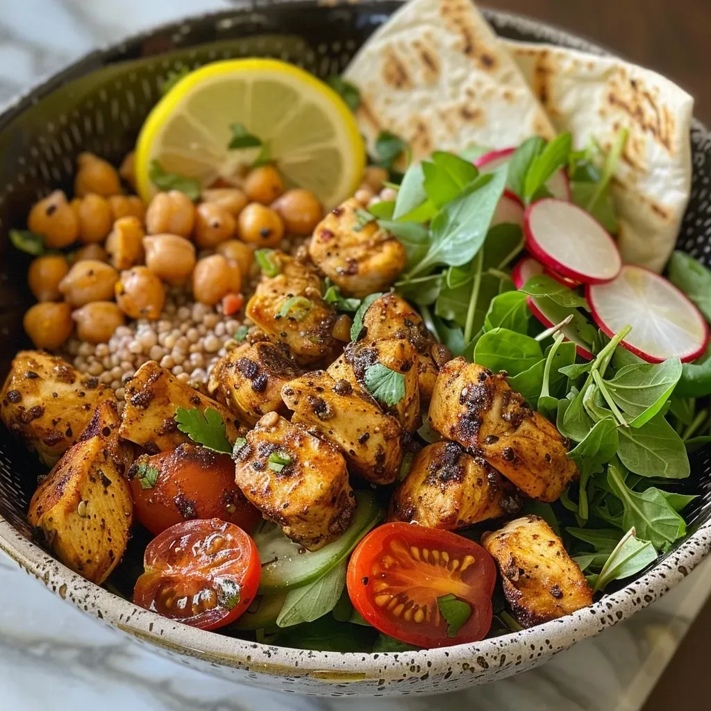 ['A close-up view of a Spicy Chicken Nourish Bowl featuring chicken, chickpeas, and fresh vegetables.', 'A vibrant nourish bowl filled with spicy chicken, couscous, and colorful salad ingredients.', 'Close-up of a delicious Spicy Chicken Nourish Bowl garnished with tomatoes, radishes, and greens.', 'A side view of a bowl loaded with spicy chicken, hummus, and fresh vegetables.']